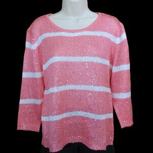 Avalin Coral & Ivory Striped Sweater Long Sleeve Sequins Scoop Neck Size Large